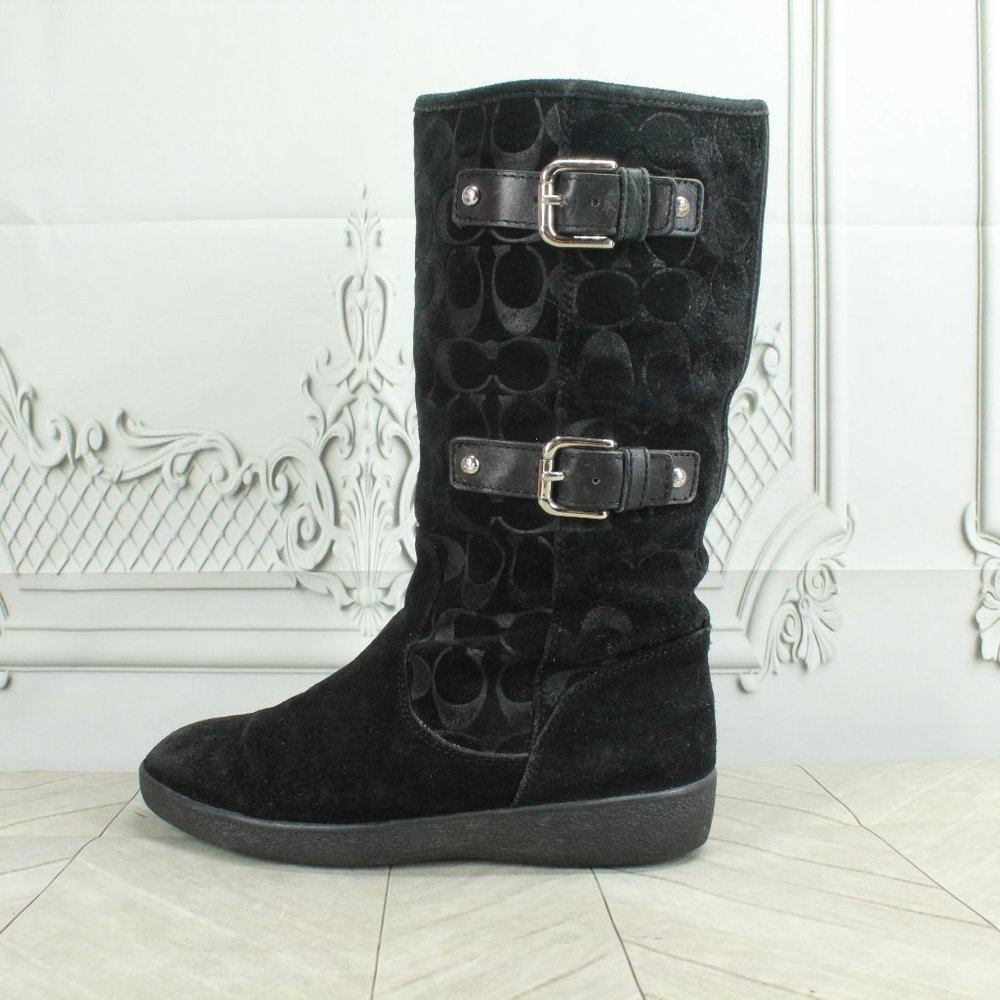Coach Tinah Monogram Black Suede Lined Buckle Mid Calf Boots Size 7.5 B - Picture 1 of 9